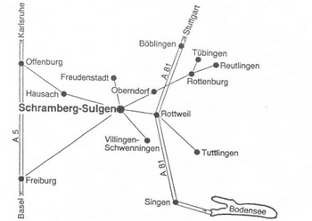 Übersichtskarte: Lage von Schramberg-Sulgen zwischen A5 und A81